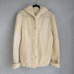 Vtg Hand Knit Sweater Cardigan Womens XL Ivory Button Down Chunky Soft Girl Boxy